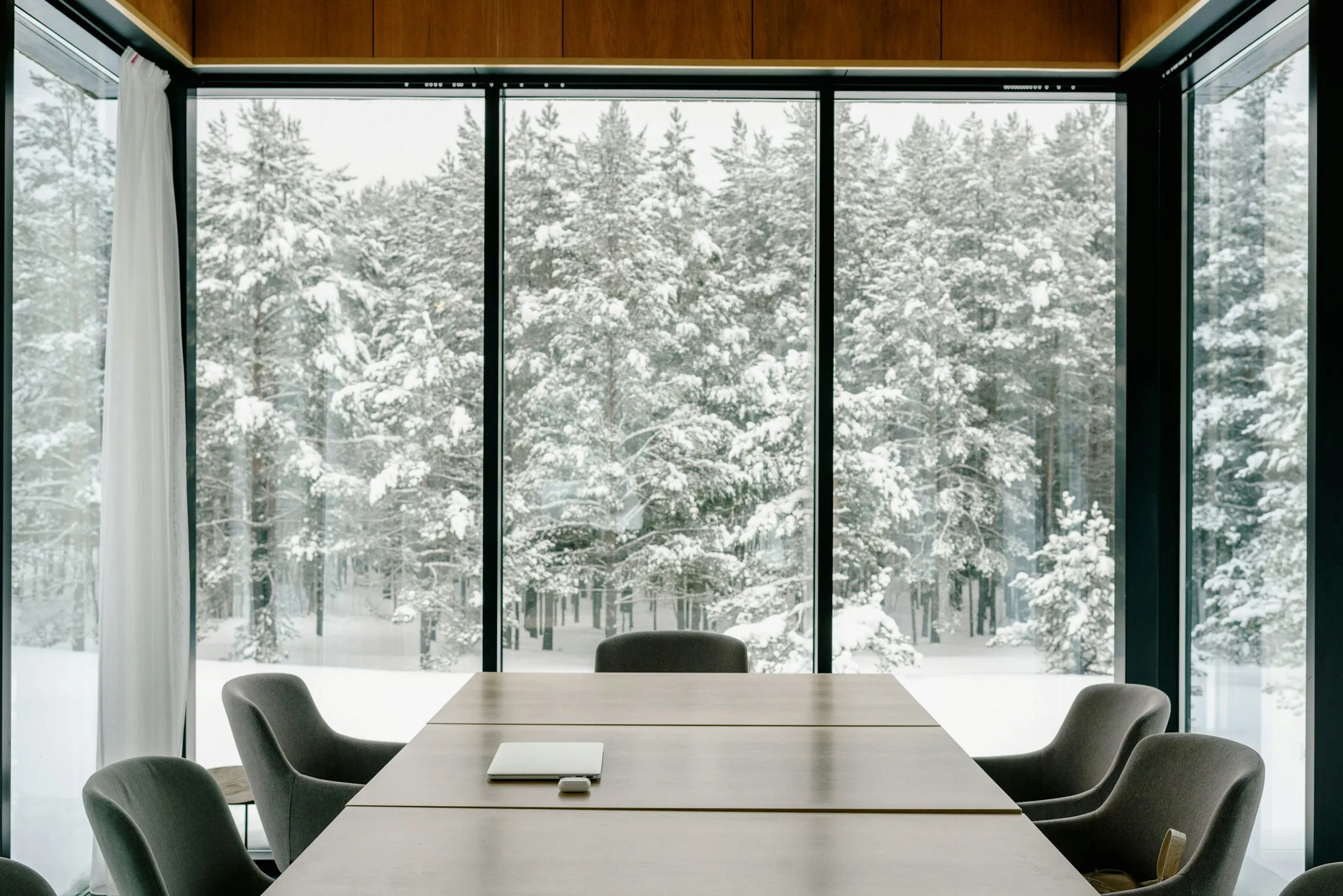 Modern conference room with floor-to-ceiling windows and winter forest view